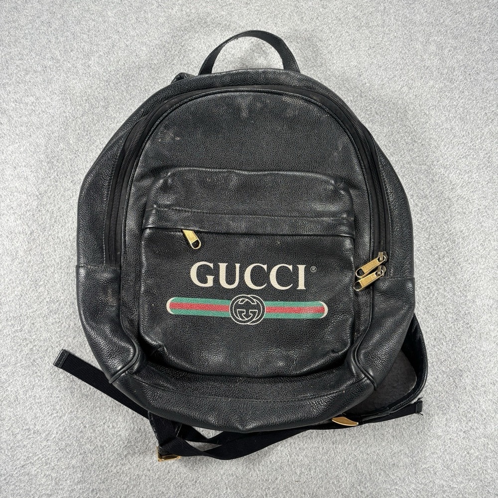 Gucci Black Leather Backpack Vintage Web Logo Front Pocket